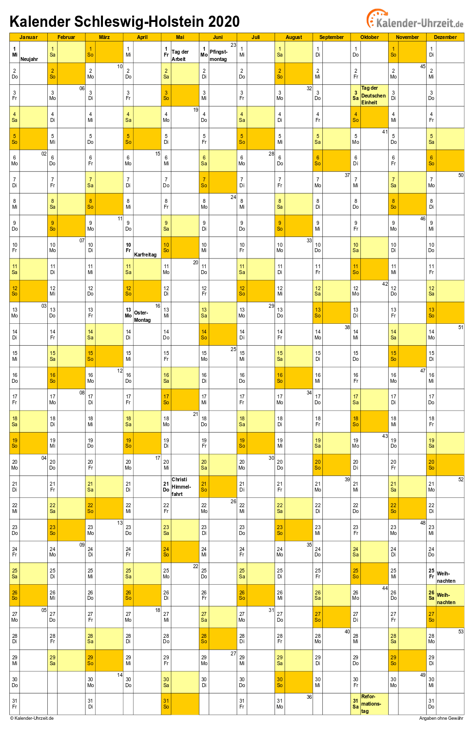 Schleswig-Holstein Kalender 2020 - A4 hoch-einseitig Schleswig-Holstein Kalender 2020 mit Feiertagen - hoch-einseitig