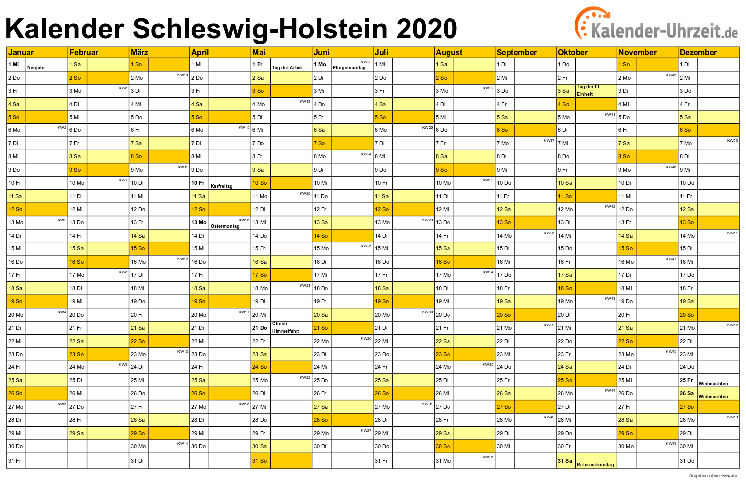 Schleswig-Holstein Kalender 2020 - A4 quer-einseitig Schleswig-Holstein Kalender 2020 mit Feiertagen - quer-einseitig