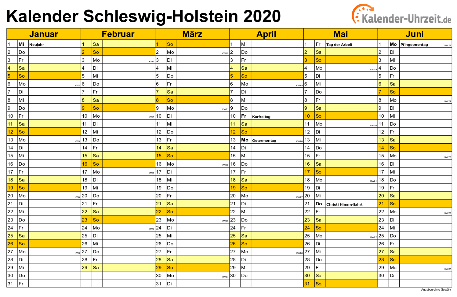 Schleswig-Holstein Kalender 2020 mit Feiertagen - quer-zweiseitig