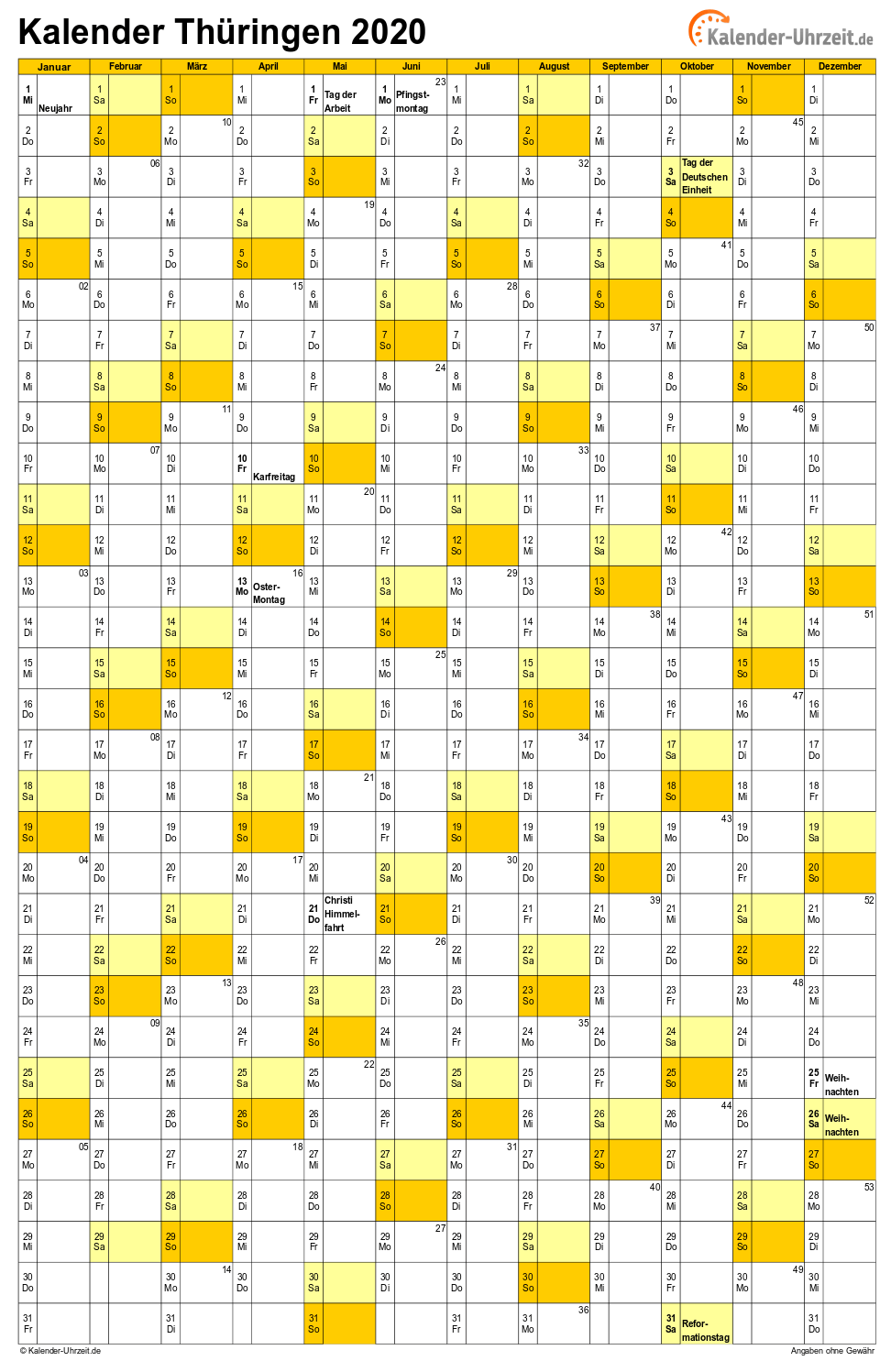 Thüringen Kalender 2020 - A4 hoch-einseitig Thüringen Kalender 2020 mit Feiertagen - hoch-einseitig