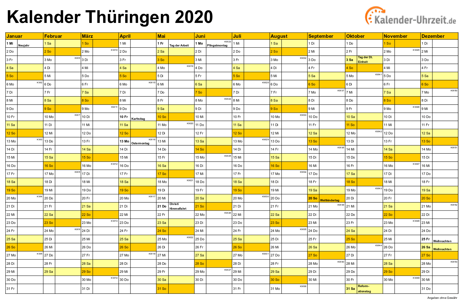 Thüringen Kalender 2020 mit Feiertagen - quer-einseitig