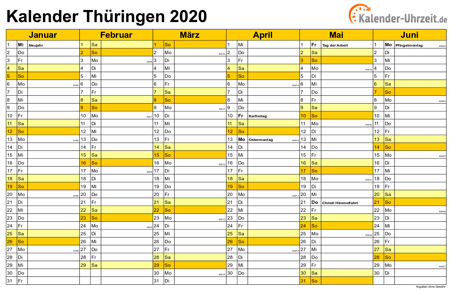 Thüringen Kalender 2020 mit Feiertagen - quer-zweiseitig