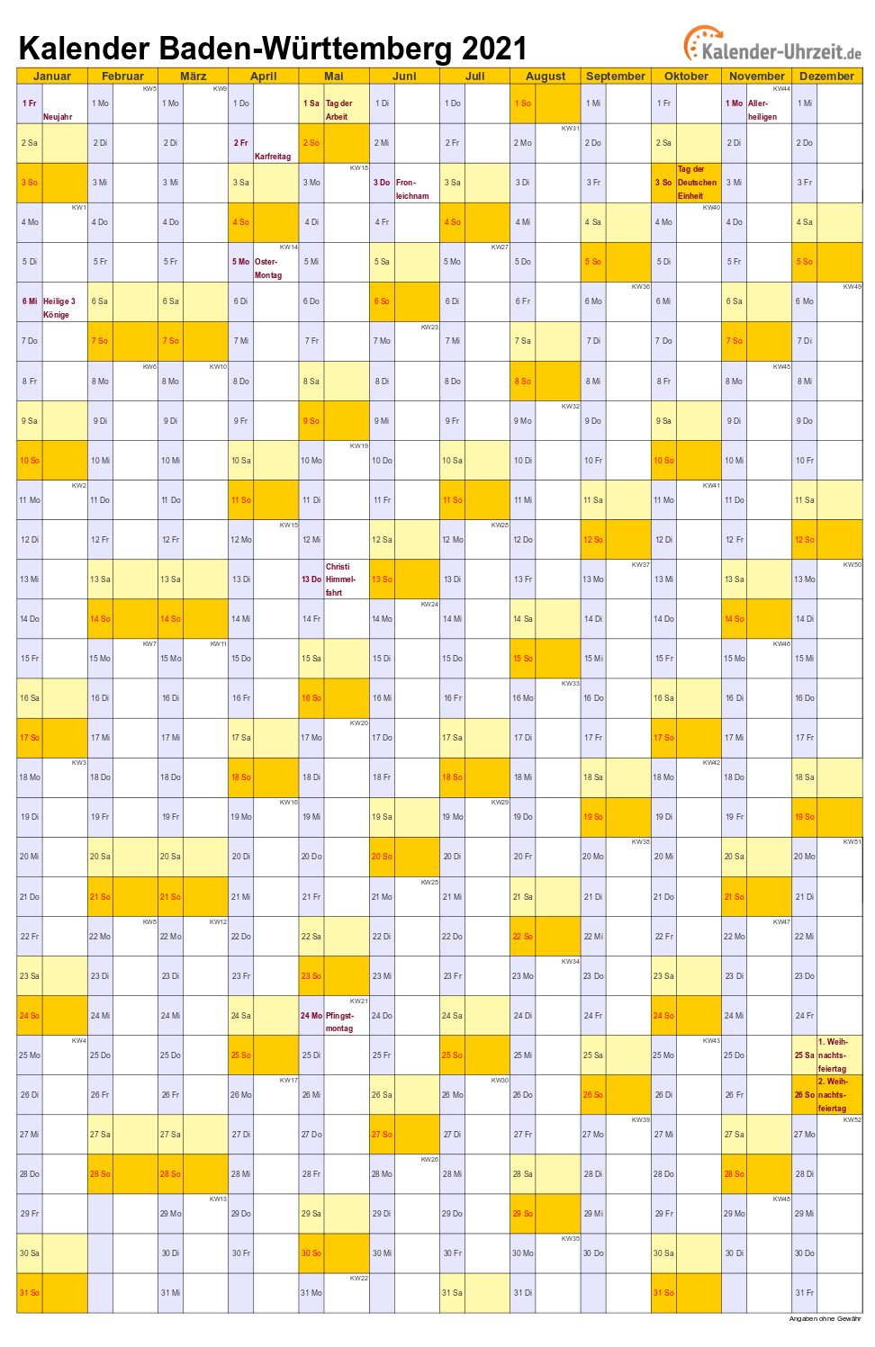 Baden-Württemberg Kalender 2021 mit Feiertagen - hoch-einseitig