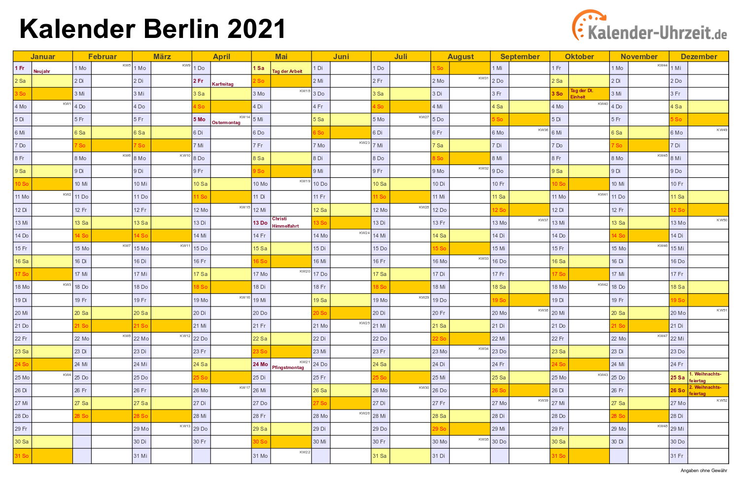 Berlin Kalender 2021 mit Feiertagen - quer-einseitig