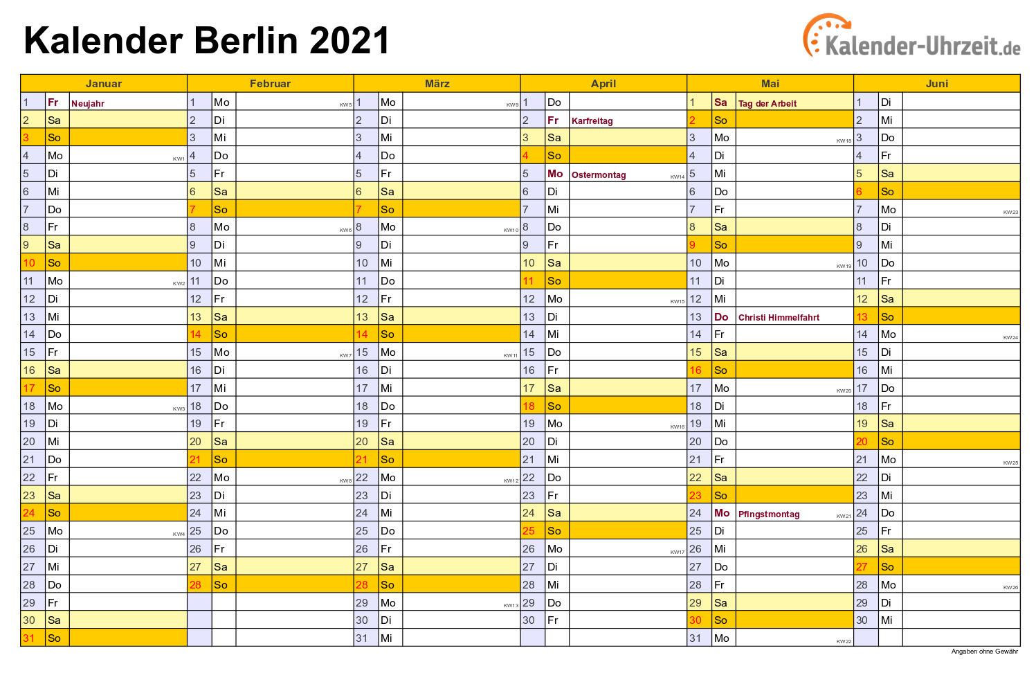 Berlin Kalender 2021 mit Feiertagen - quer-zweiseitig