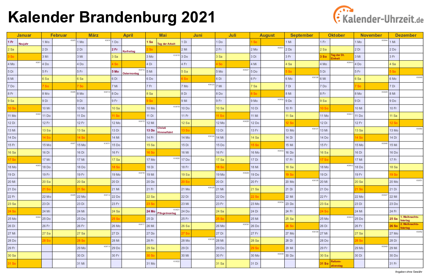 Feiertage 2021 Brandenburg + Kalender