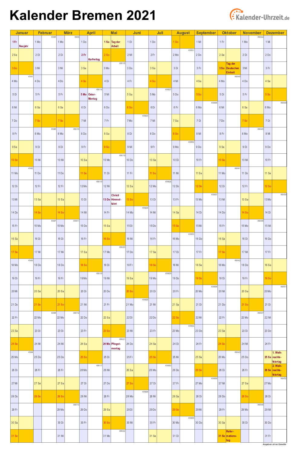Bremen Kalender 2021 mit Feiertagen - hoch-einseitig