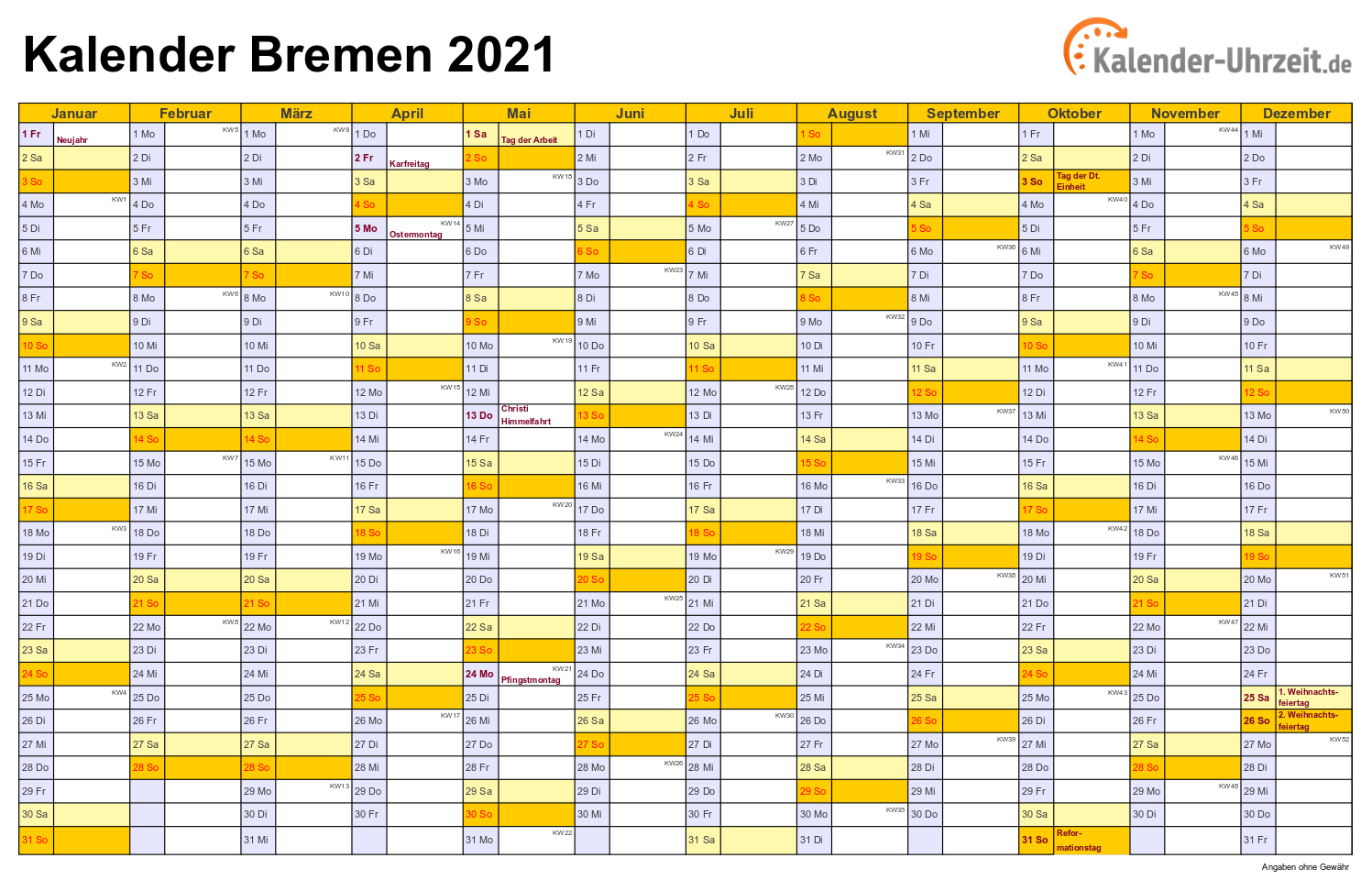 Bremen Kalender 2021 mit Feiertagen - quer-einseitig