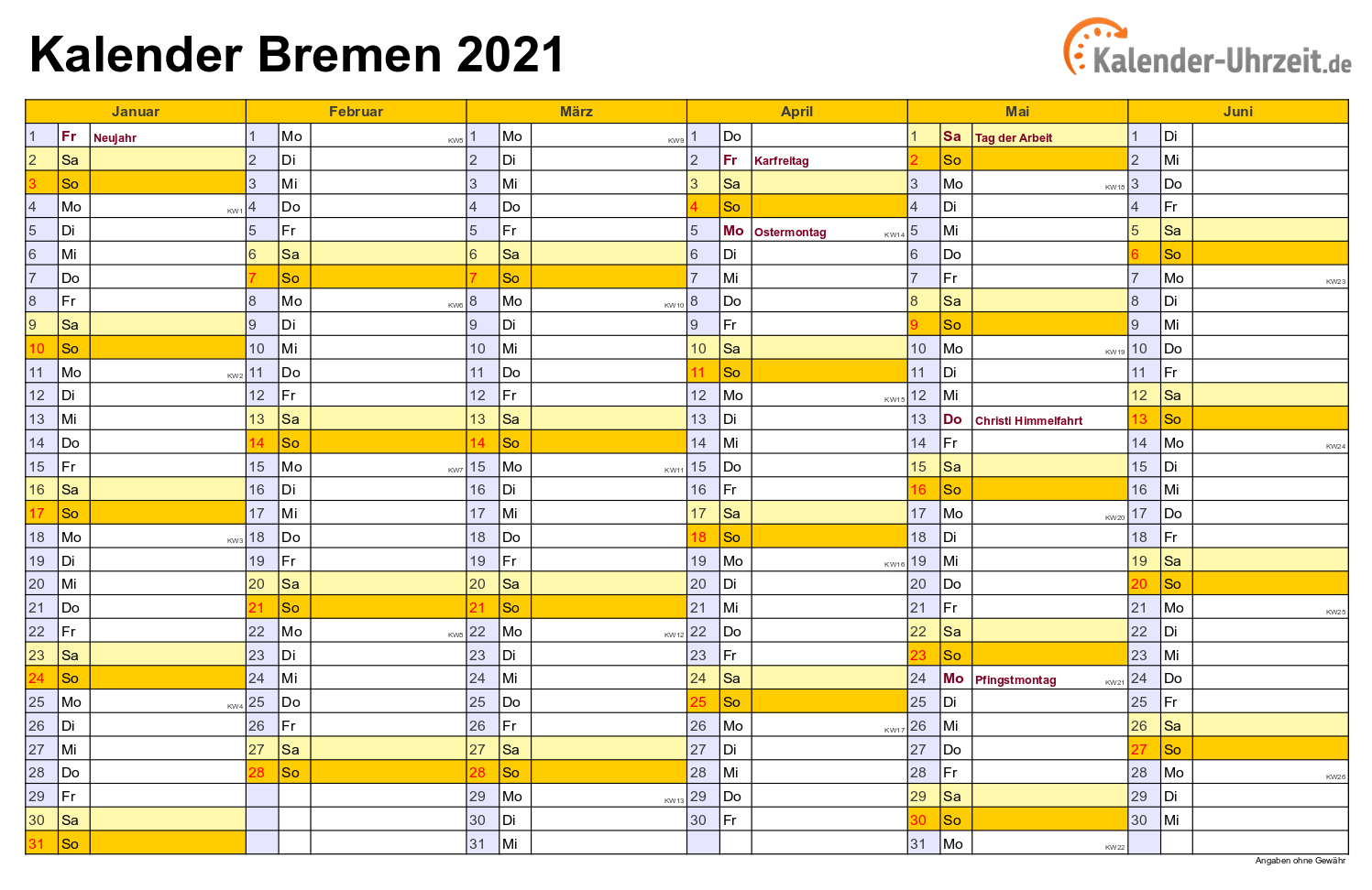 Bremen Kalender 2021 mit Feiertagen - quer-zweiseitig