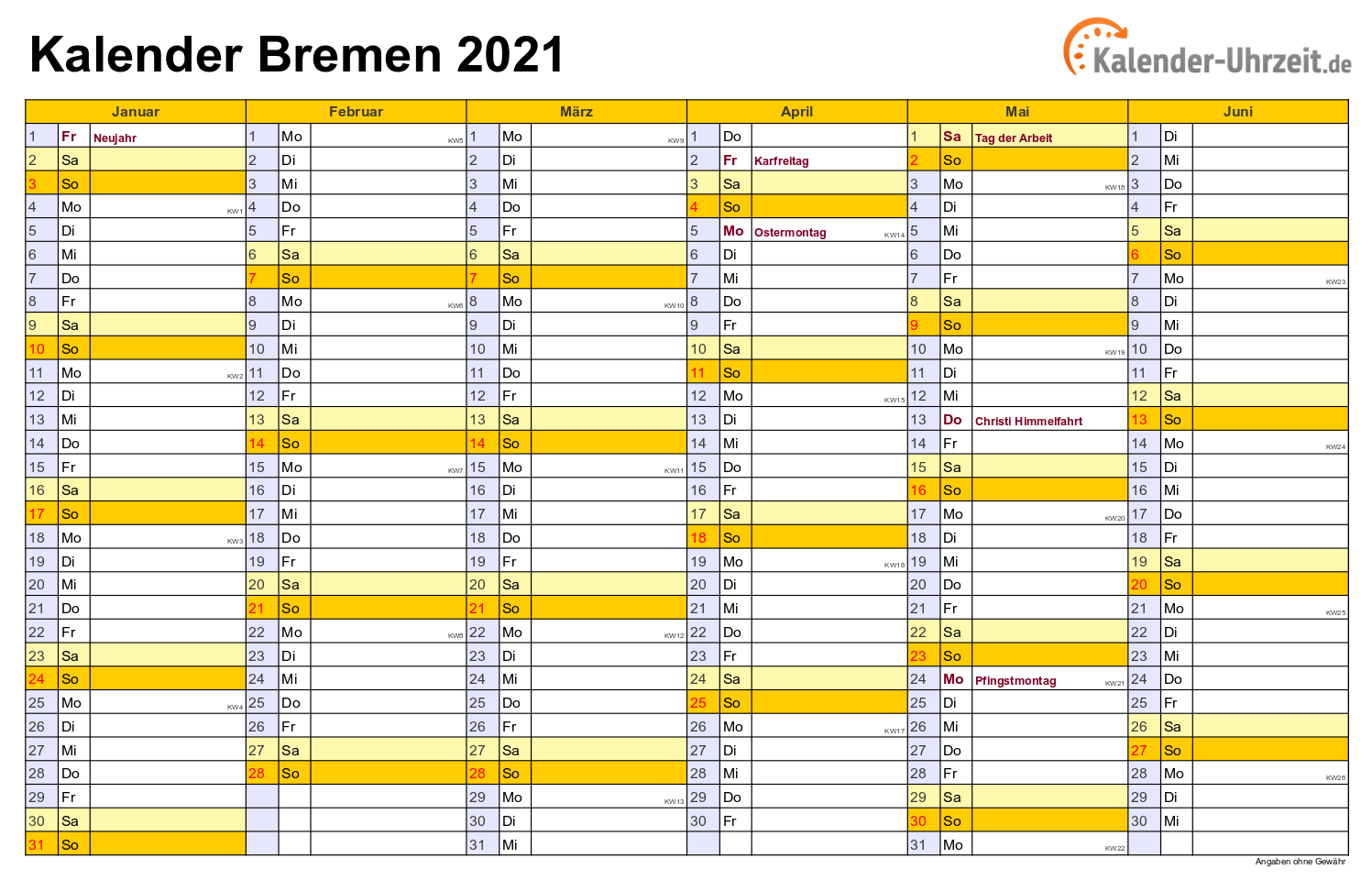 Feiertage 2021 Bremen + Kalender