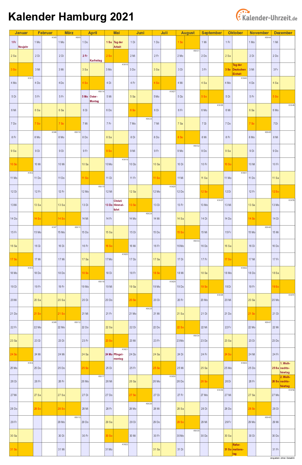 Hamburg Kalender 2021 - A4 hoch-einseitig Hamburg Kalender 2021 mit Feiertagen - hoch-einseitig