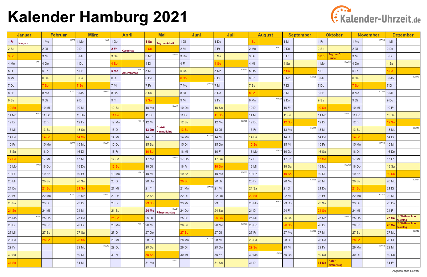Hamburg Kalender 2021 - A4 quer-einseitig Hamburg Kalender 2021 mit Feiertagen - quer-einseitig
