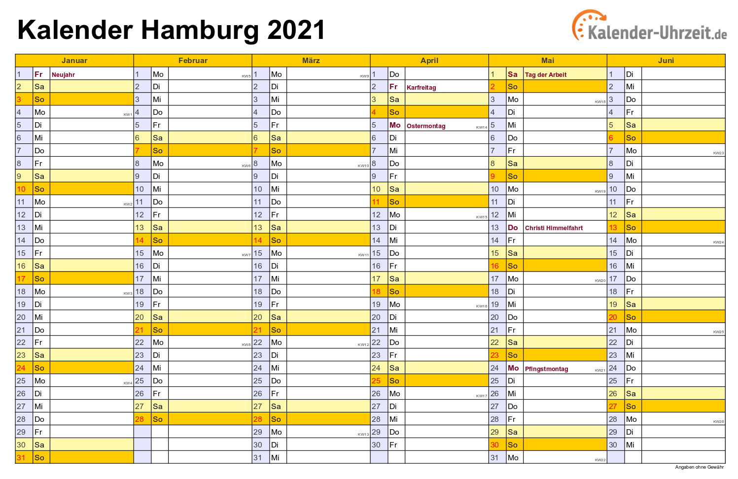 Hamburg Kalender 2021 mit Feiertagen - quer-zweiseitig