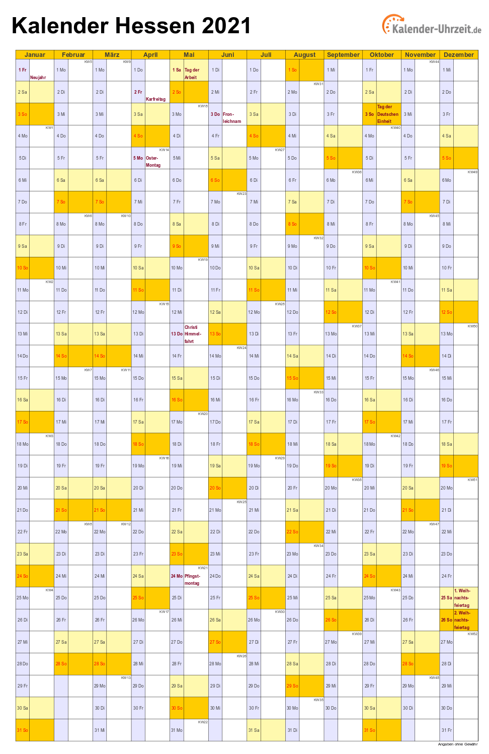 Hessen Kalender 2021 mit Feiertagen - hoch-einseitig