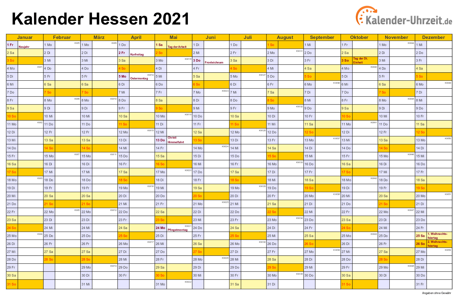 Feiertage 2021 Hessen + Kalender