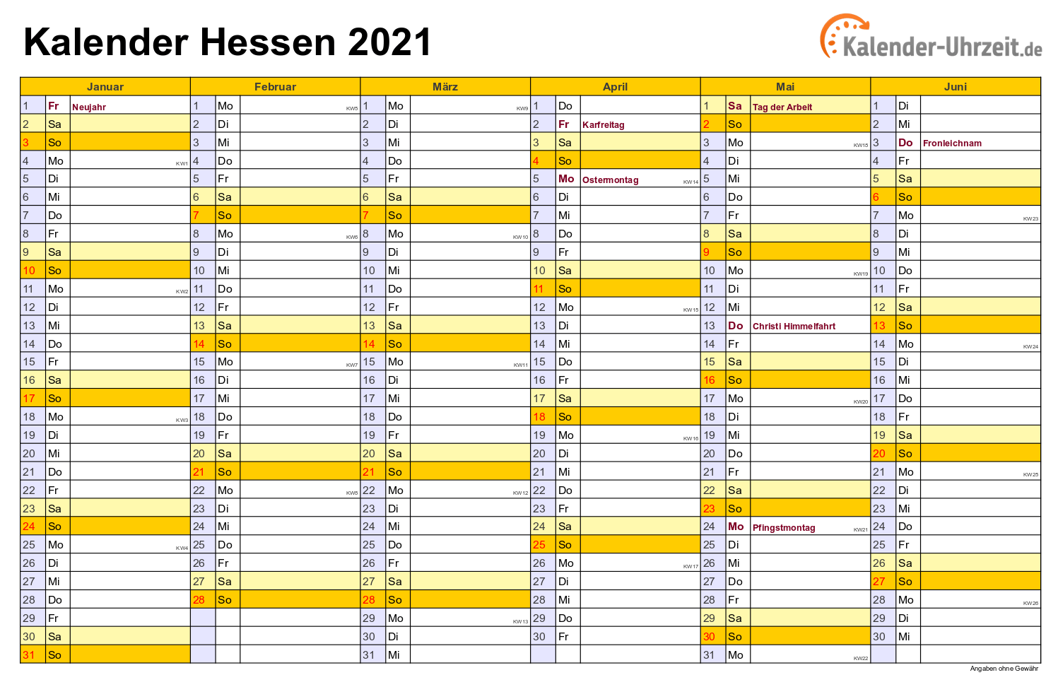 Hessen Kalender 2021 mit Feiertagen - quer-zweiseitig