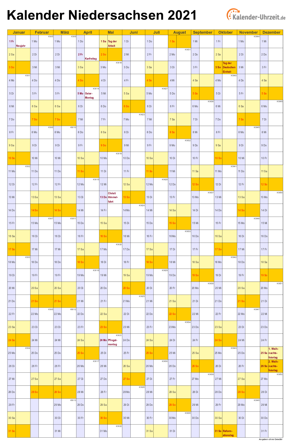 Niedersachsen Kalender 2021 mit Feiertagen - hoch-einseitig