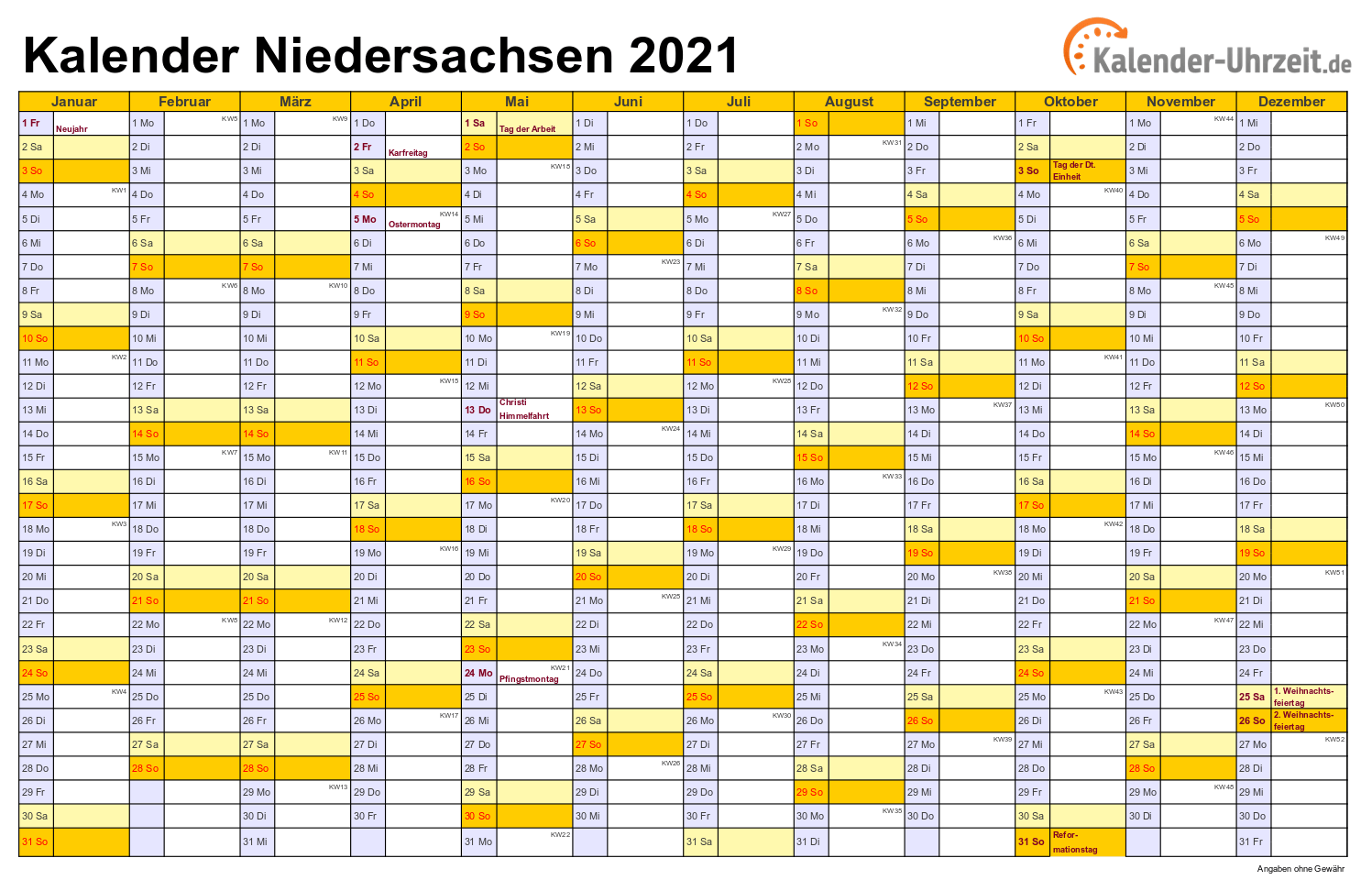 Niedersachsen Kalender 2021 mit Feiertagen - quer-einseitig