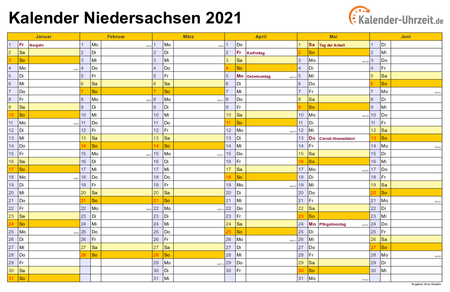 Niedersachsen Kalender 2021 mit Feiertagen - quer-zweiseitig