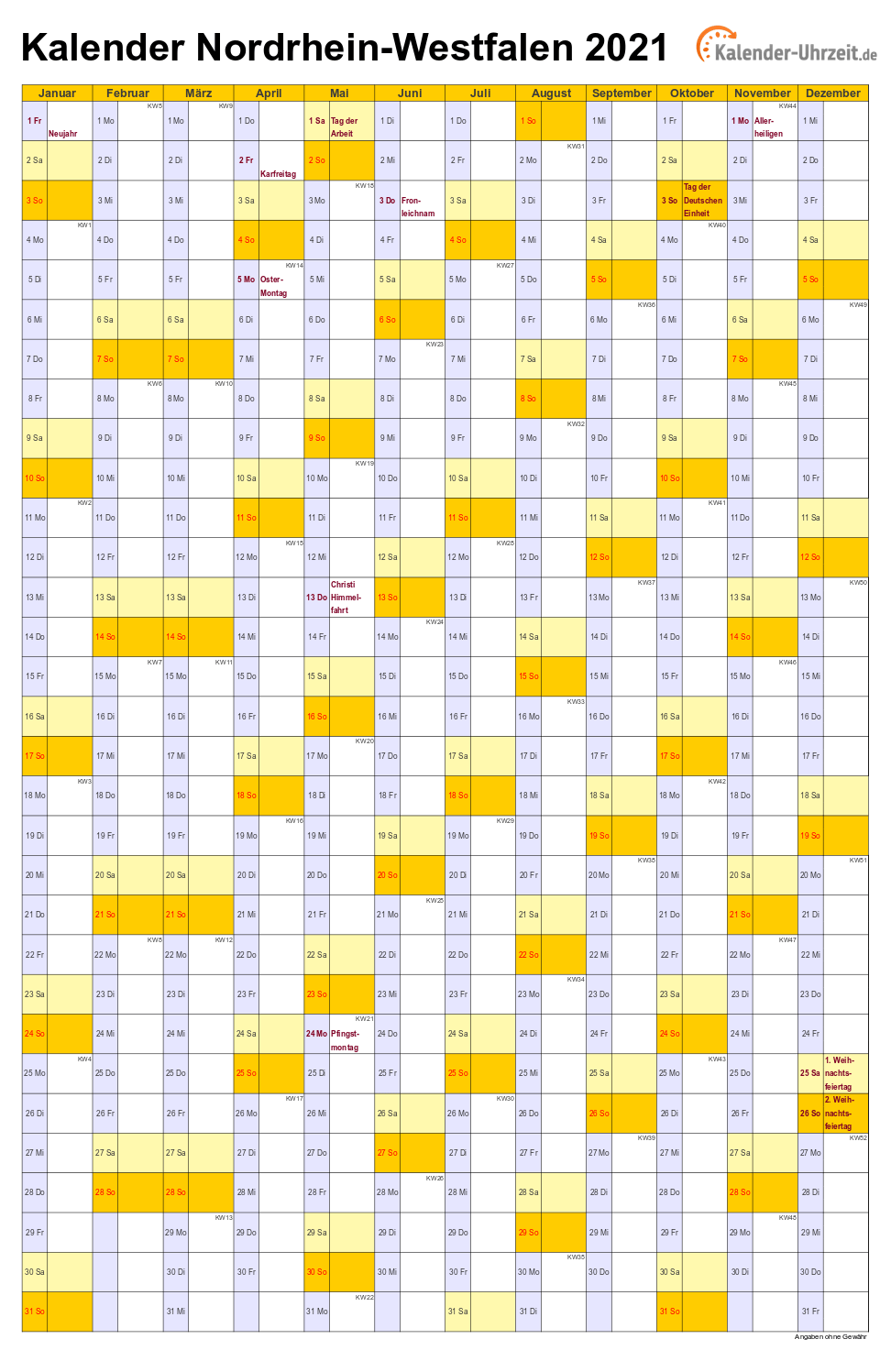 Nordrhein-Westfalen Kalender 2021 mit Feiertagen - hoch-einseitig