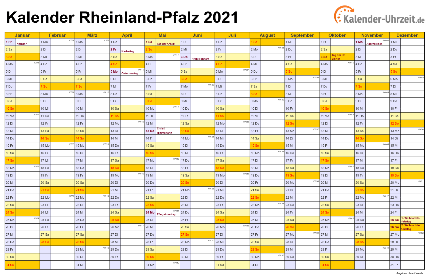 Feiertage 2021 Rheinland-Pfalz + Kalender