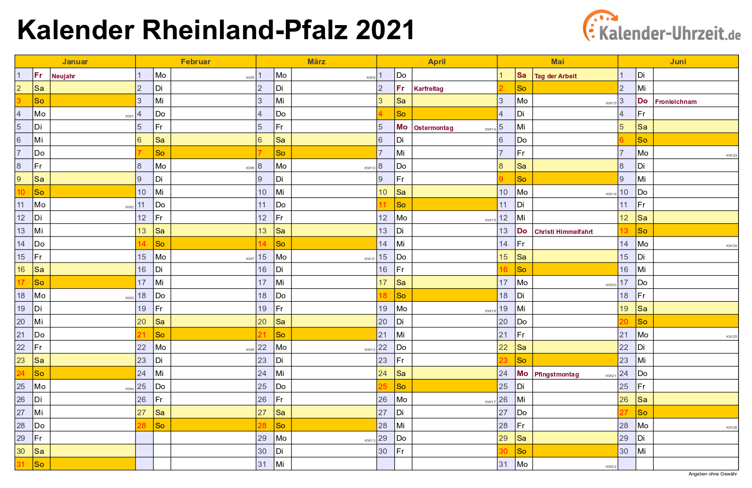Rheinland-Pfalz Kalender 2021 mit Feiertagen - quer-zweiseitig