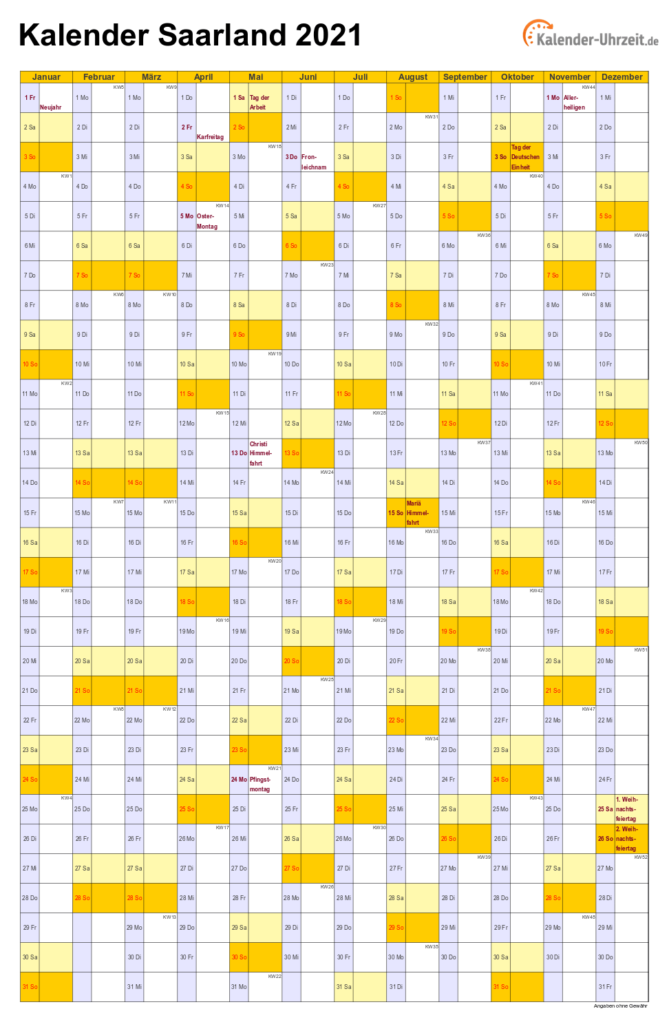 Saarland Kalender 2021 mit Feiertagen - hoch-einseitig