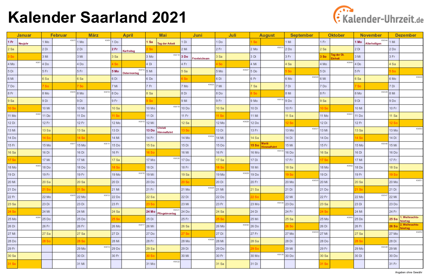 Saarland Kalender 2021 mit Feiertagen - quer-einseitig