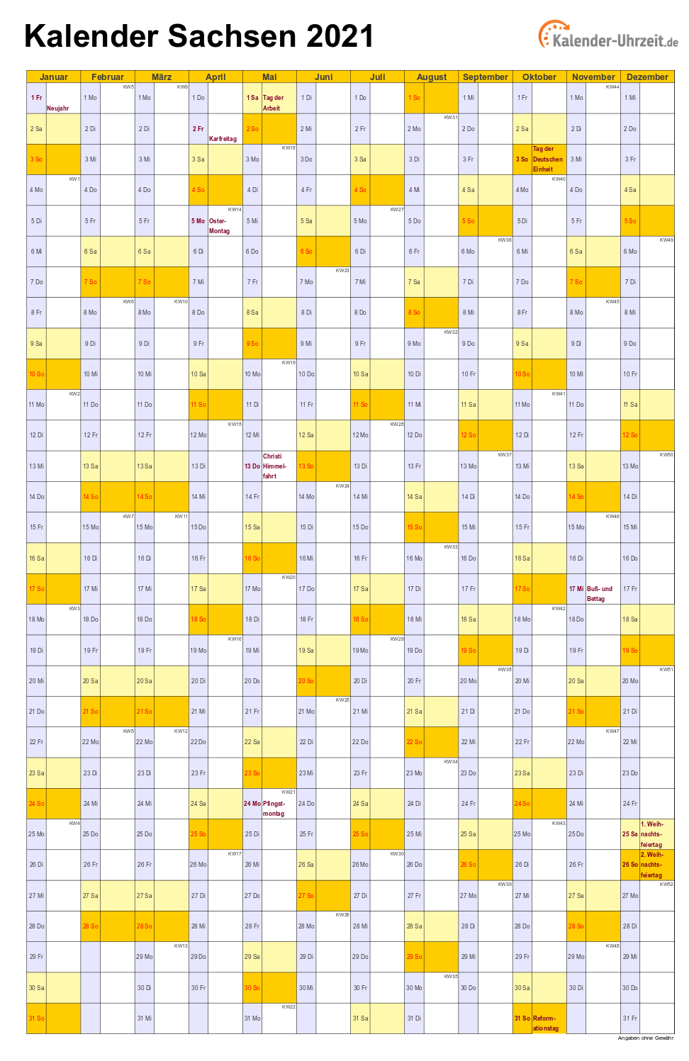 Sachsen Kalender 2021 mit Feiertagen - hoch-einseitig