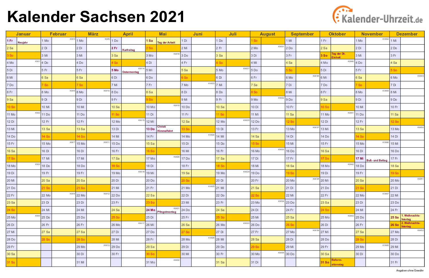 Sachsen Kalender 2021 mit Feiertagen - quer-einseitig