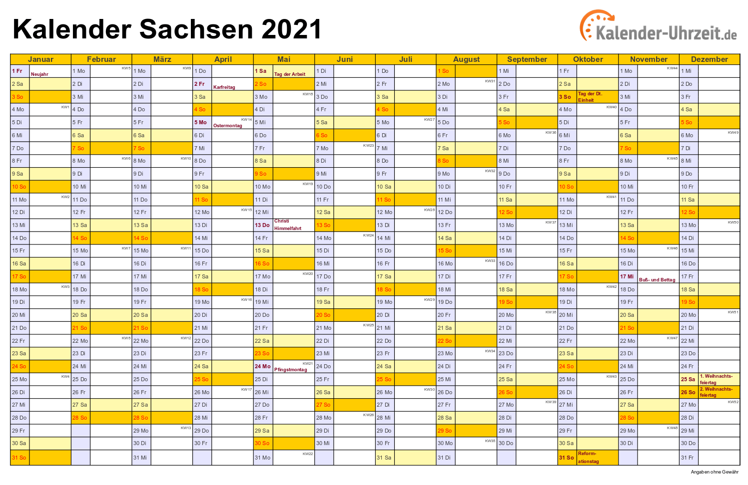 Sachsen Kalender 2021 - A4 quer-einseitig Sachsen Kalender 2021 mit Feiertagen - quer-einseitig