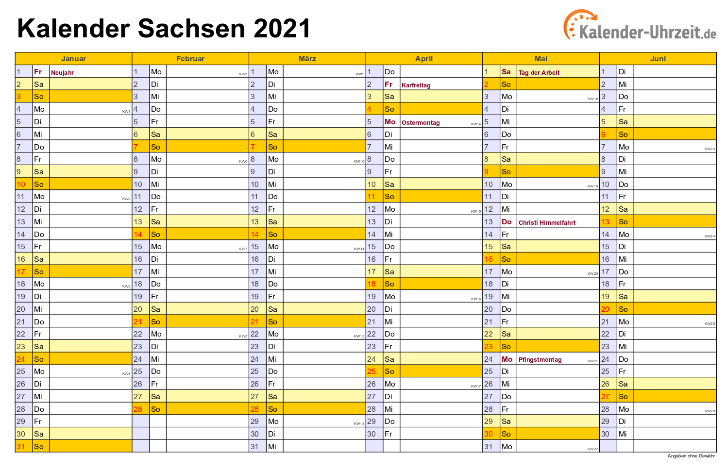 Feiertage 2021 Sachsen + Kalender