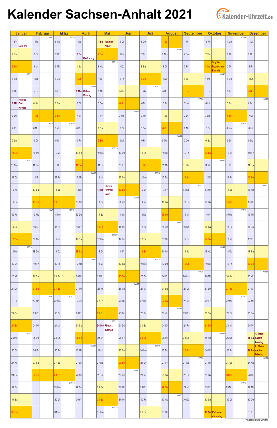 Sachsen-Anhalt Kalender 2021 - A4 hoch-einseitig Sachsen-Anhalt Kalender 2021 mit Feiertagen - hoch-einseitig