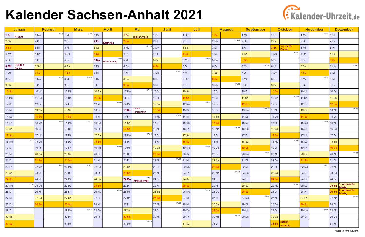 Sachsen-Anhalt Kalender 2021 mit Feiertagen - quer-einseitig