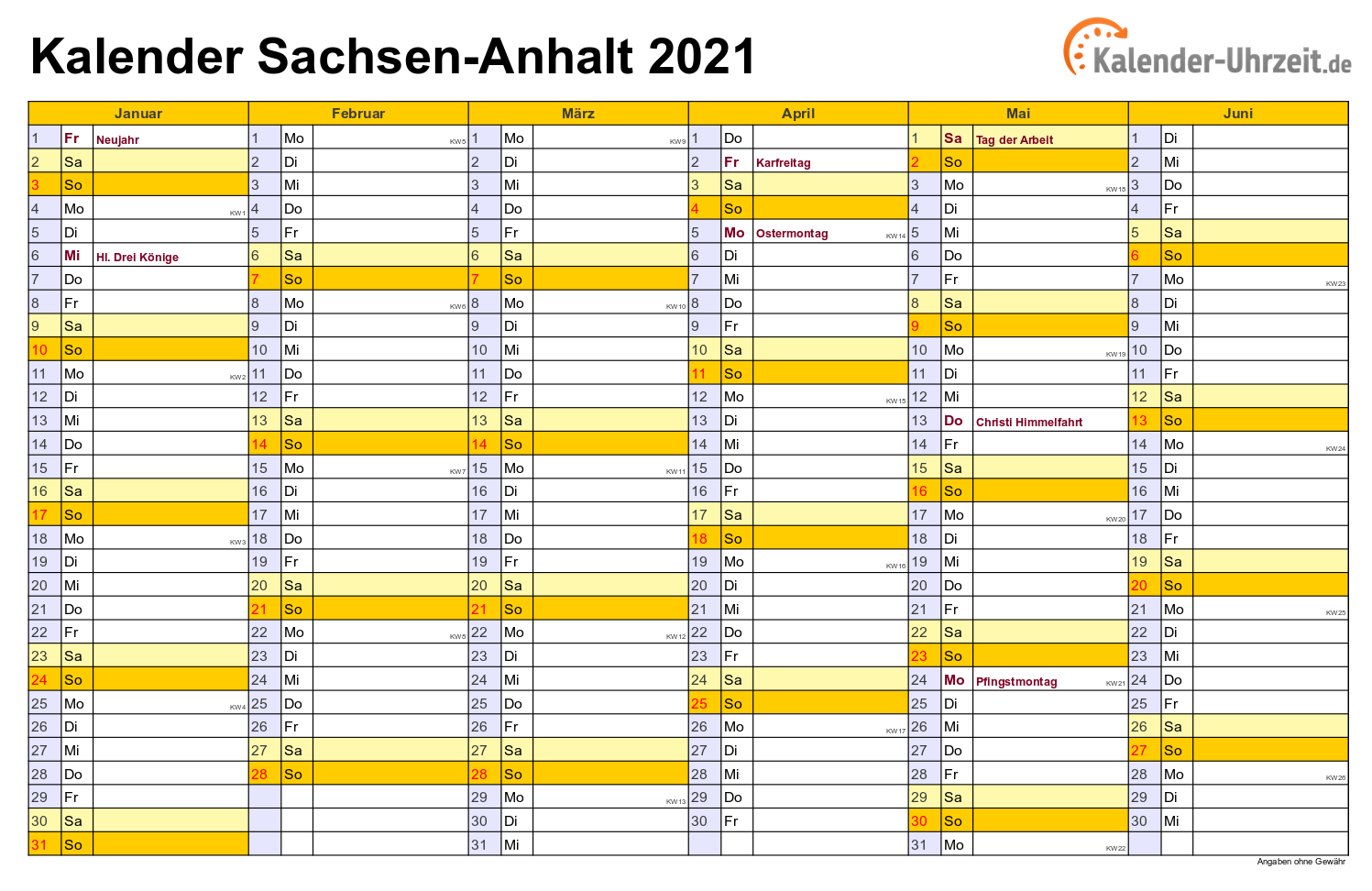 Feiertage 2021 Sachsen-Anhalt + Kalender