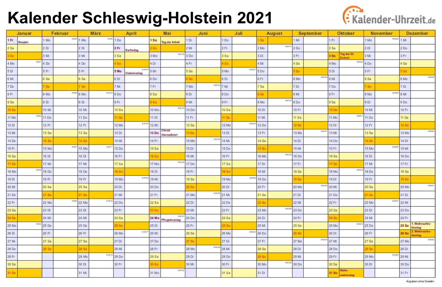Schleswig-Holstein Kalender 2021 mit Feiertagen - quer-einseitig