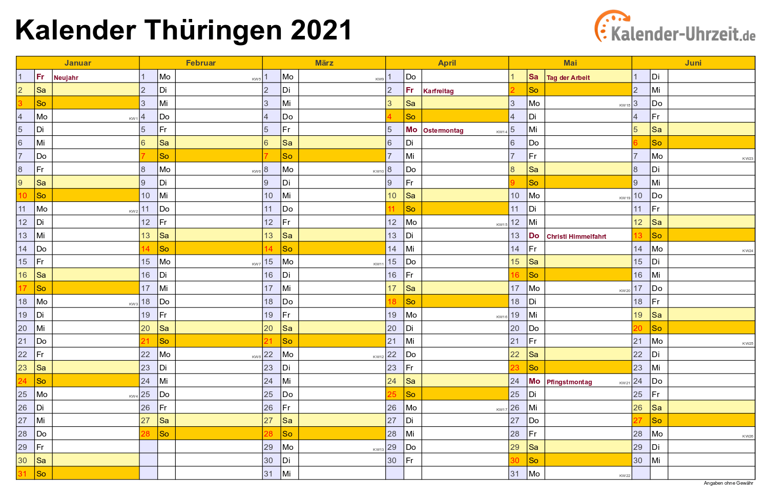 Feiertage 2021 Thüringen + Kalender