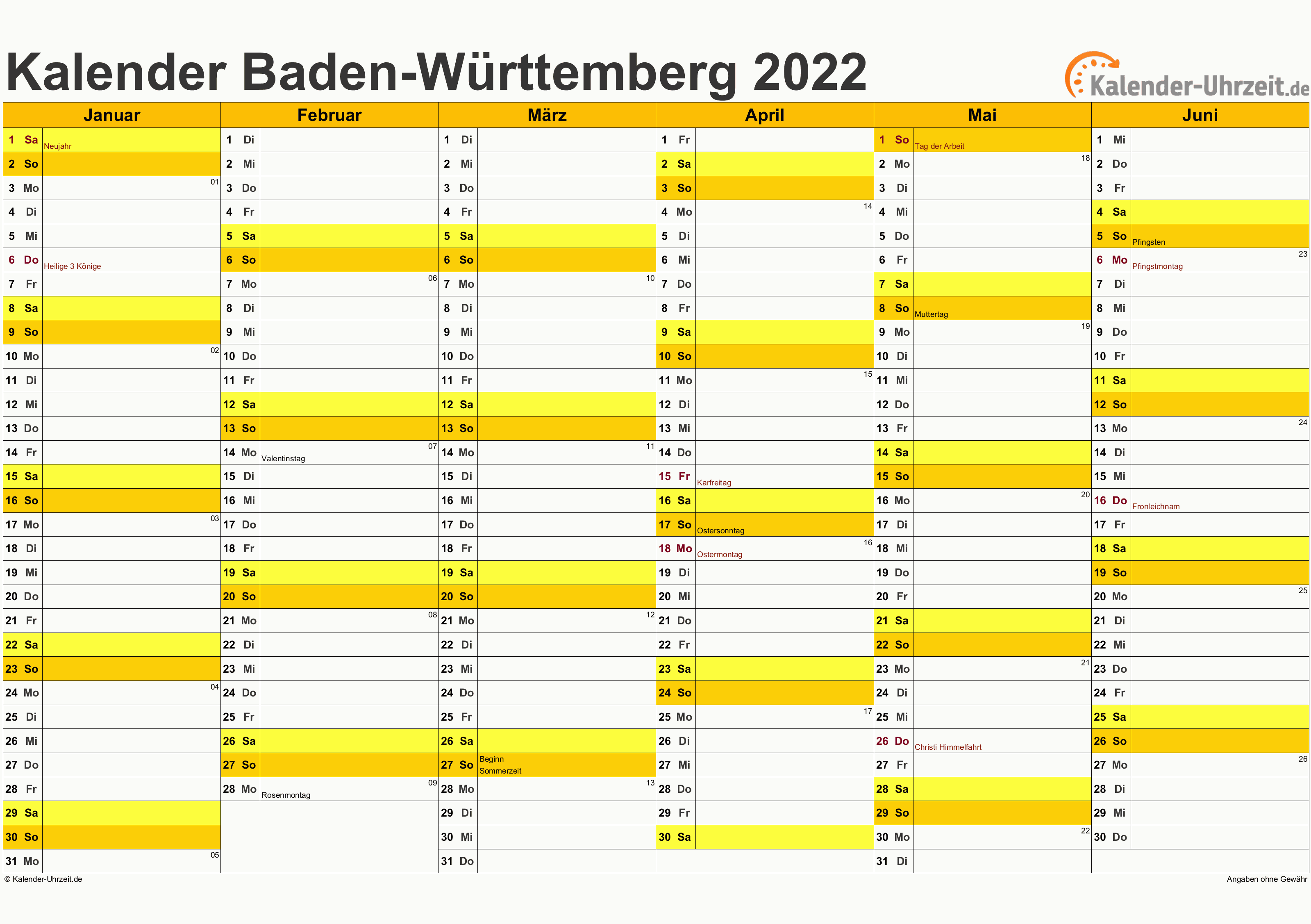 Baden-Württemberg Kalender 2022 mit Feiertagen - quer-zweiseitig