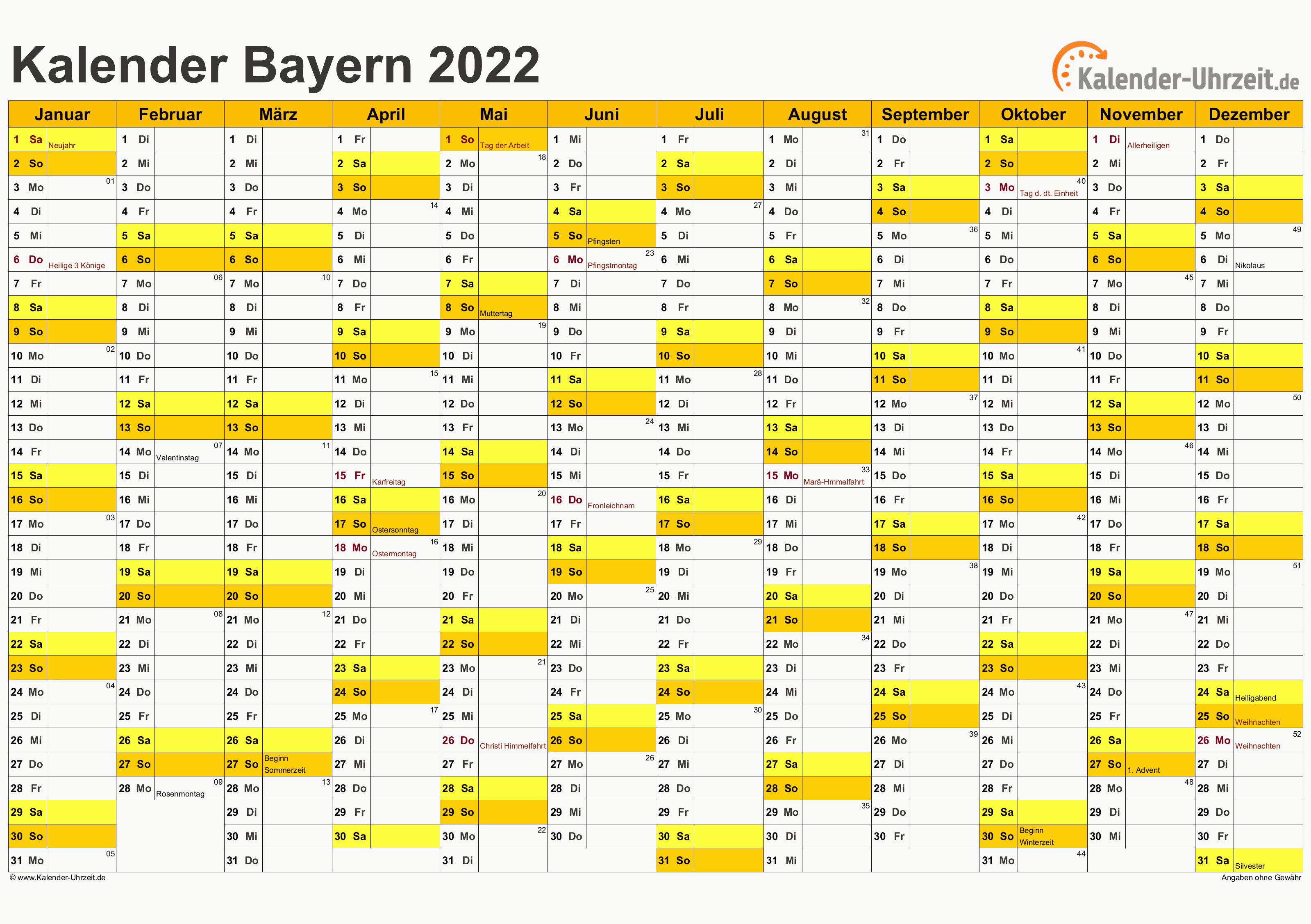 Bayern Kalender 2022 mit Feiertagen - quer-einseitig