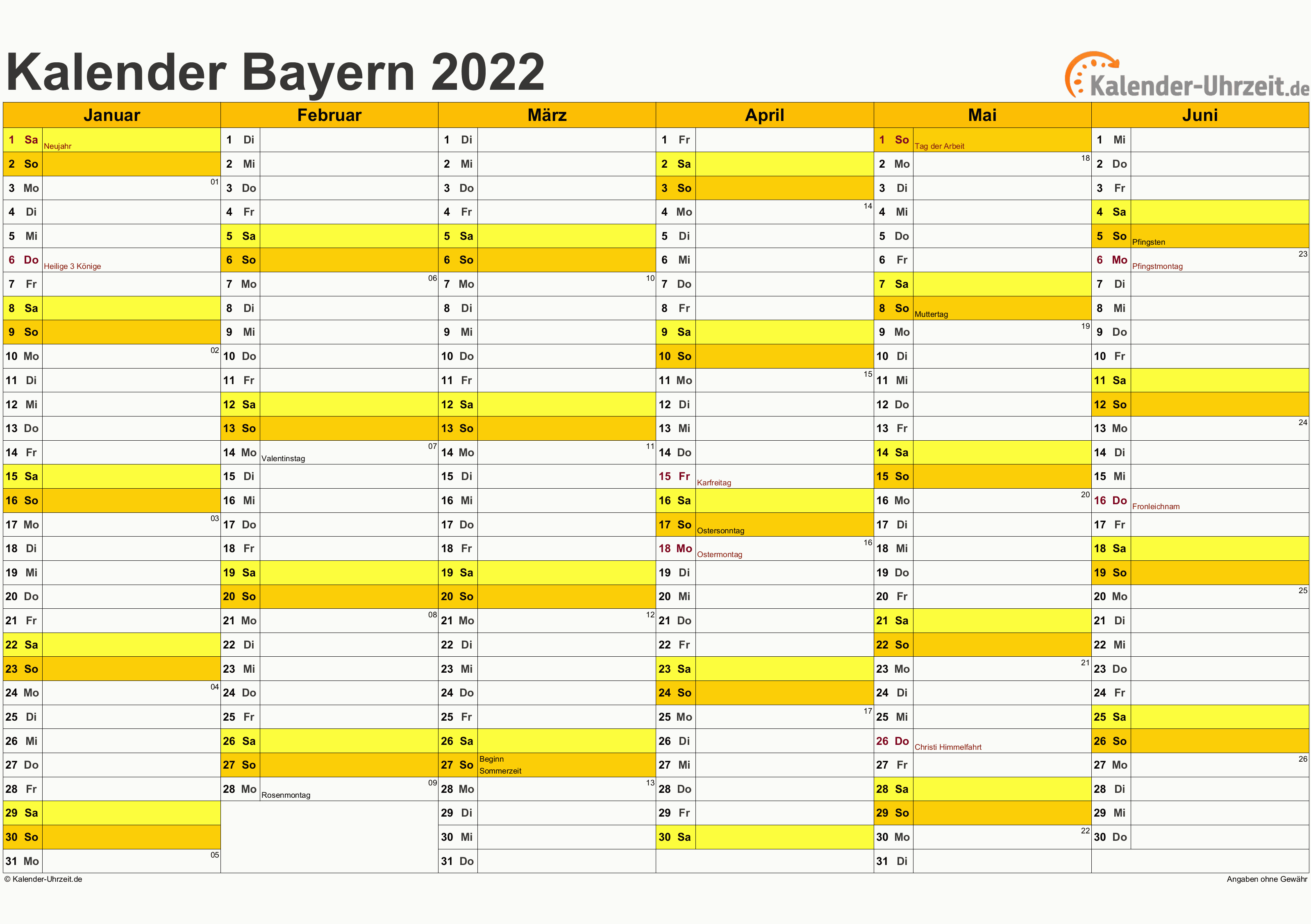 Bayern Kalender 2022 mit Feiertagen - quer-zweiseitig