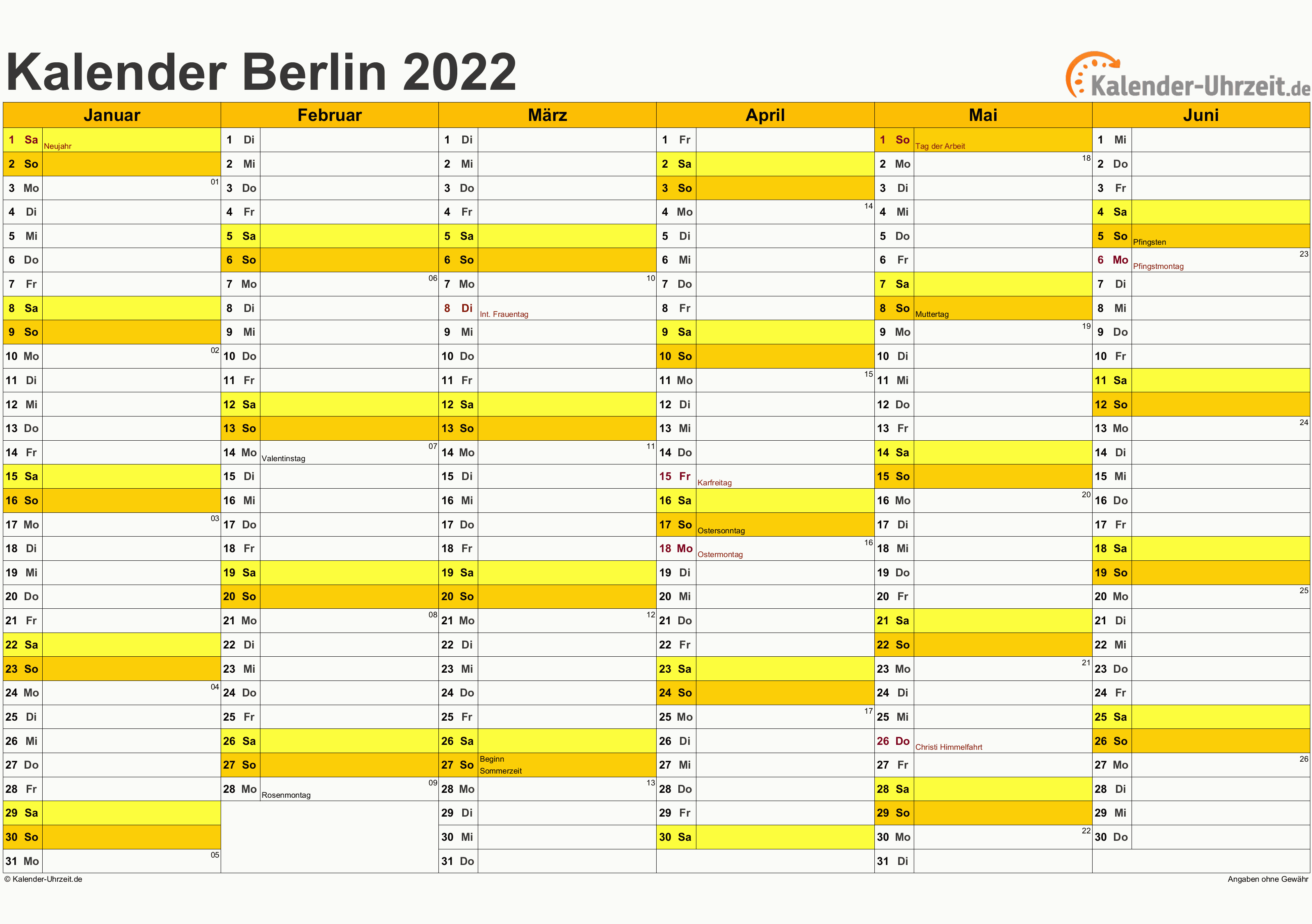 Berlin Kalender 2022 mit Feiertagen - quer-zweiseitig
