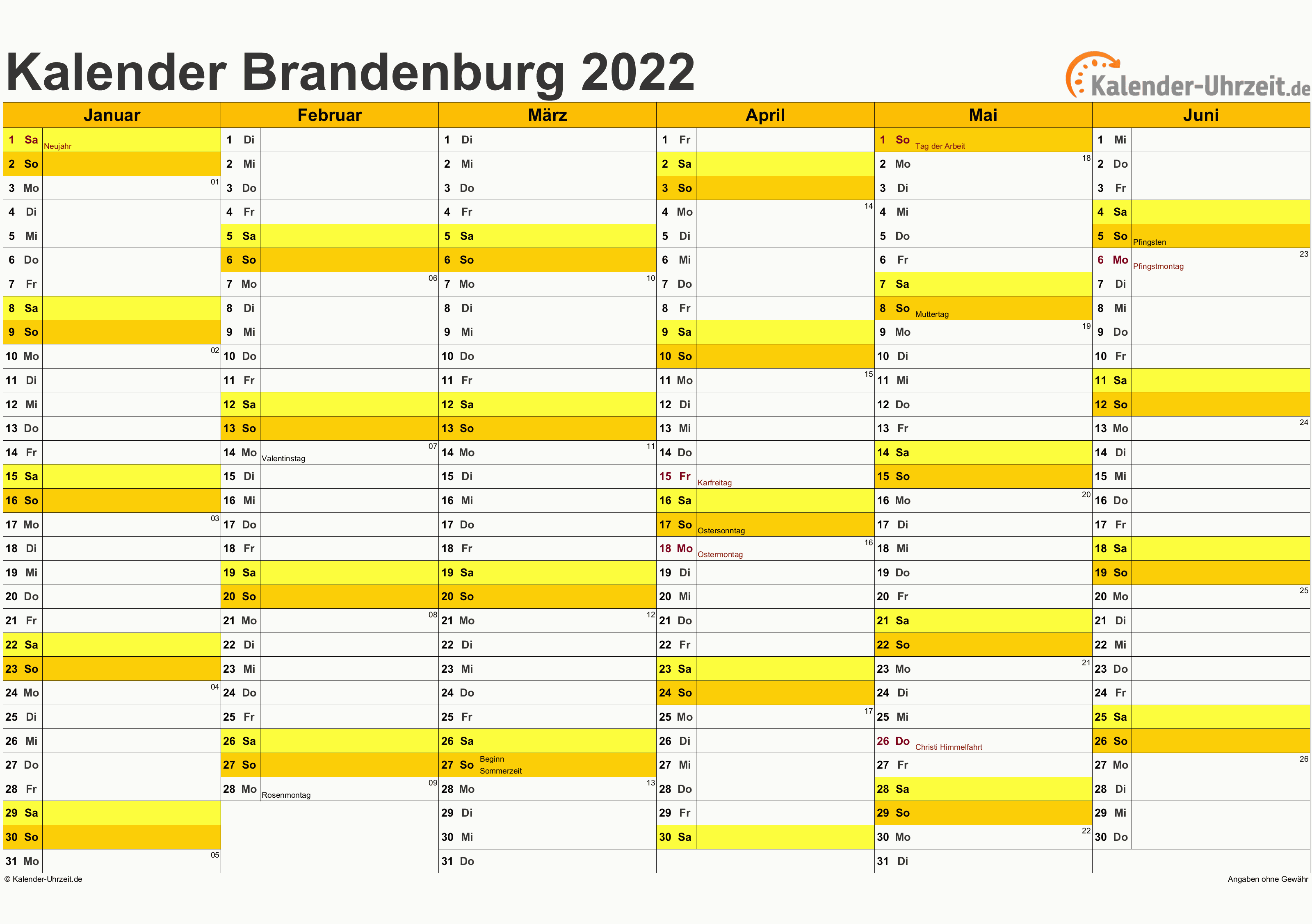 Brandenburg Kalender 2022 mit Feiertagen - quer-zweiseitig