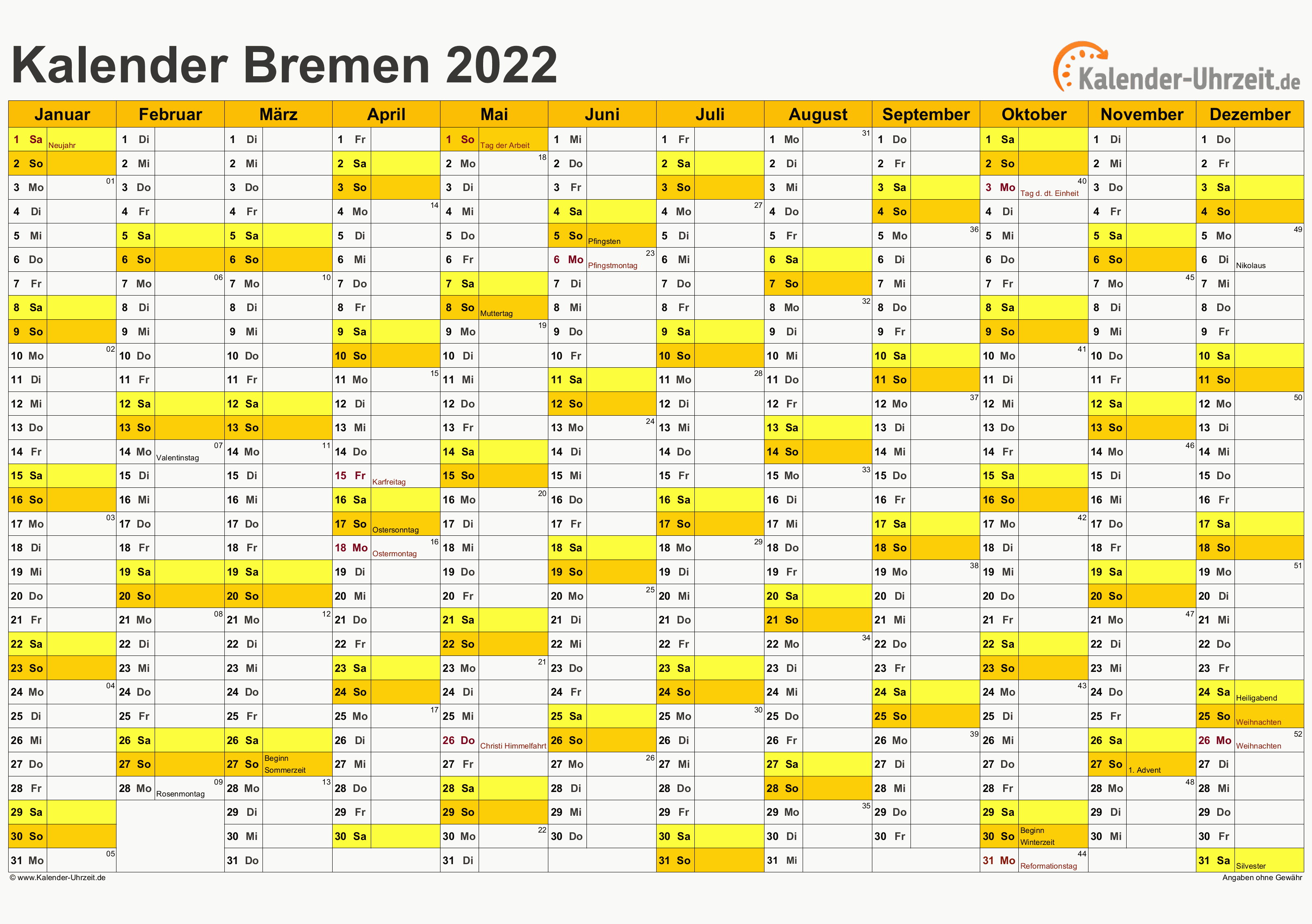 Bremen Kalender 2022 mit Feiertagen - quer-einseitig