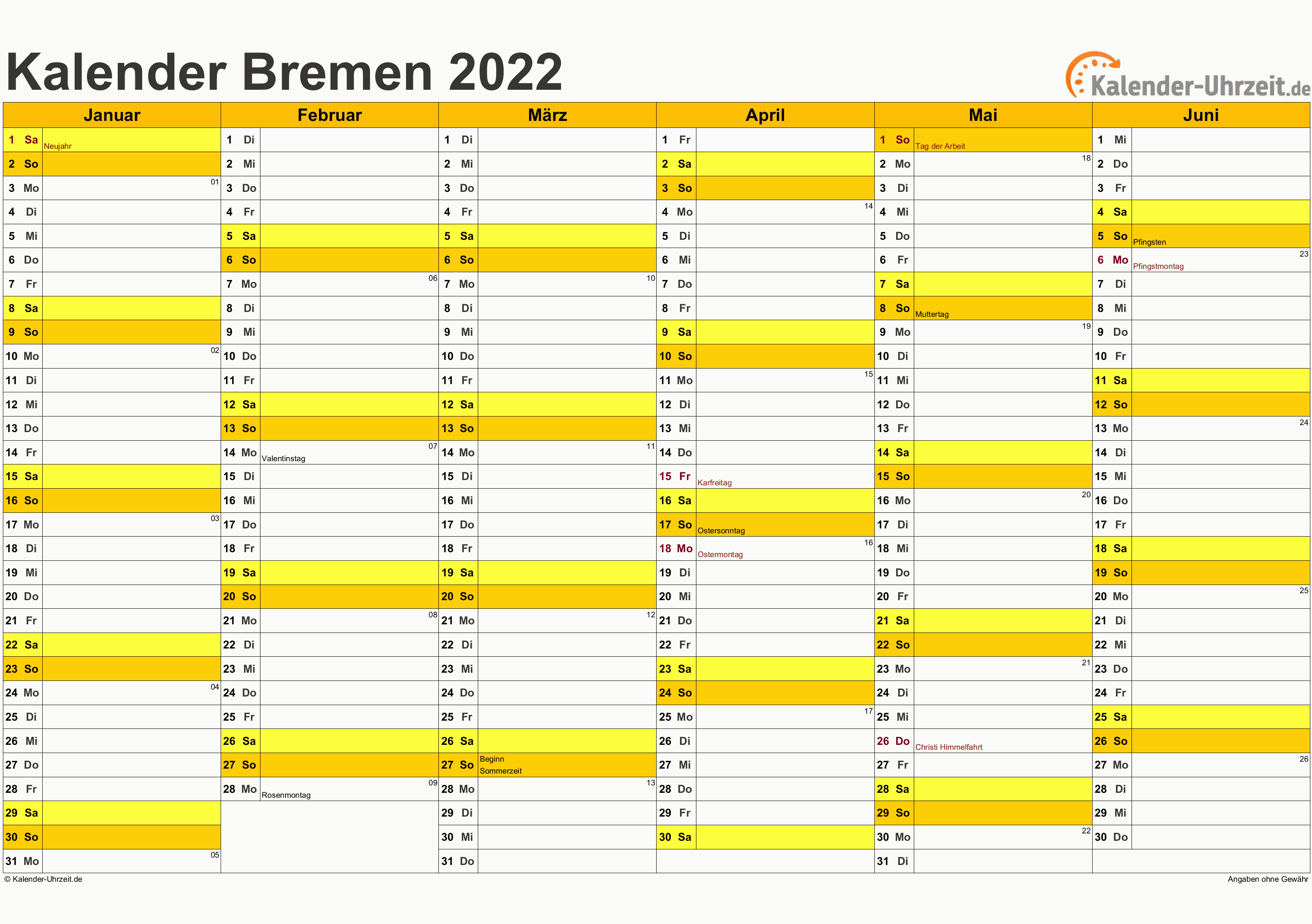 Bremen Kalender 2022 mit Feiertagen - quer-zweiseitig