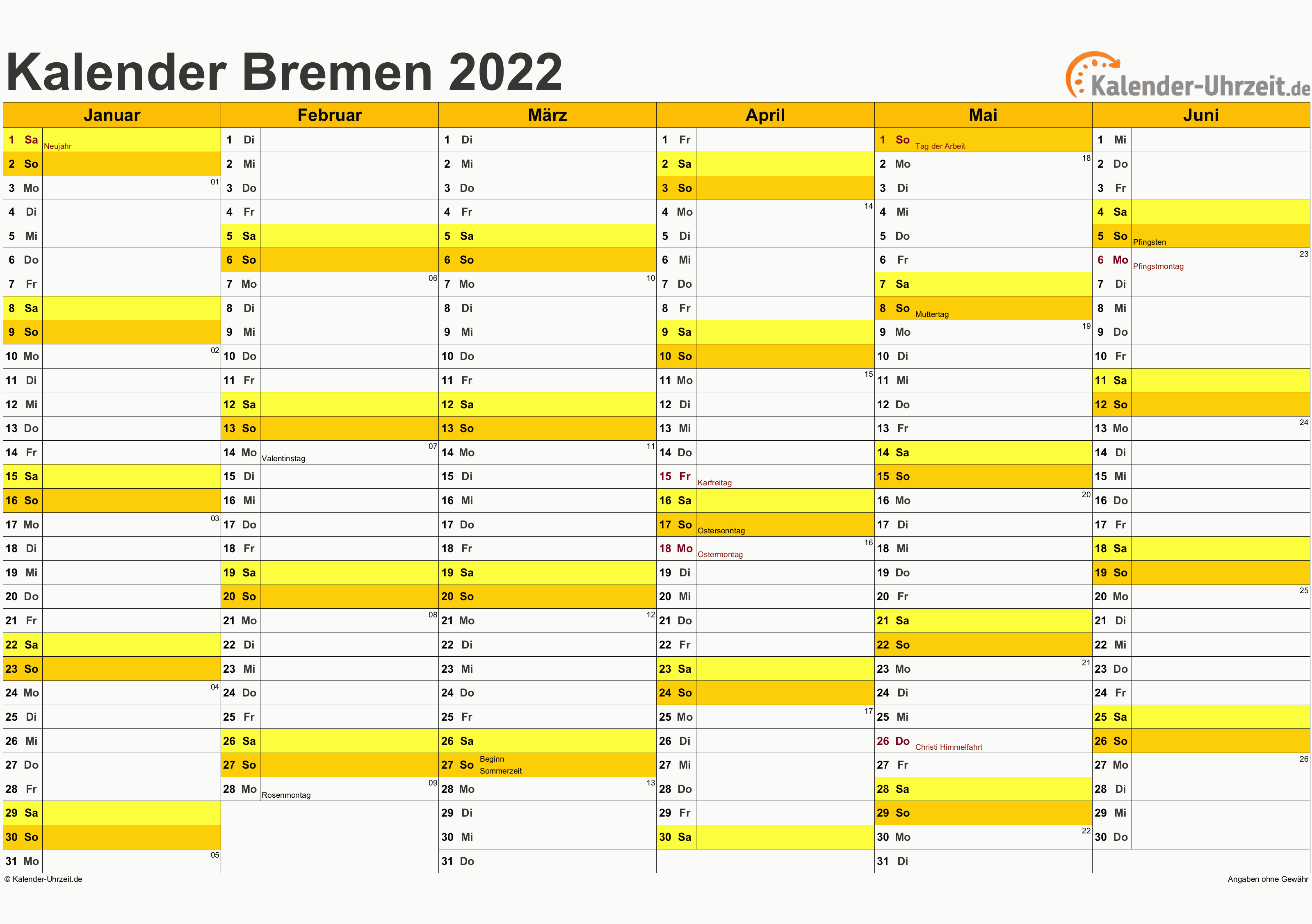 Bremen Kalender 2022 - A4 quer-zweiseitig Bremen Kalender 2022 mit Feiertagen - quer-zweiseitig