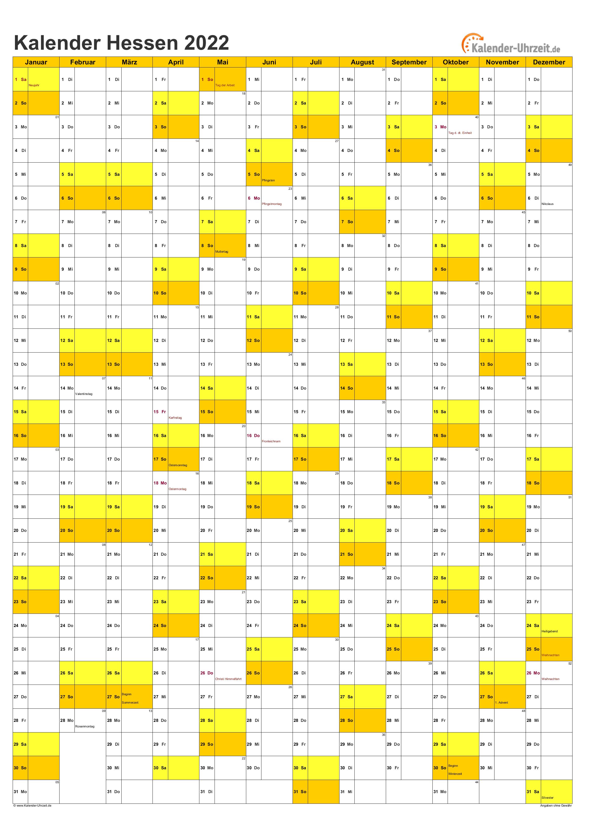 Hessen Kalender 2022 mit Feiertagen - hoch-einseitig
