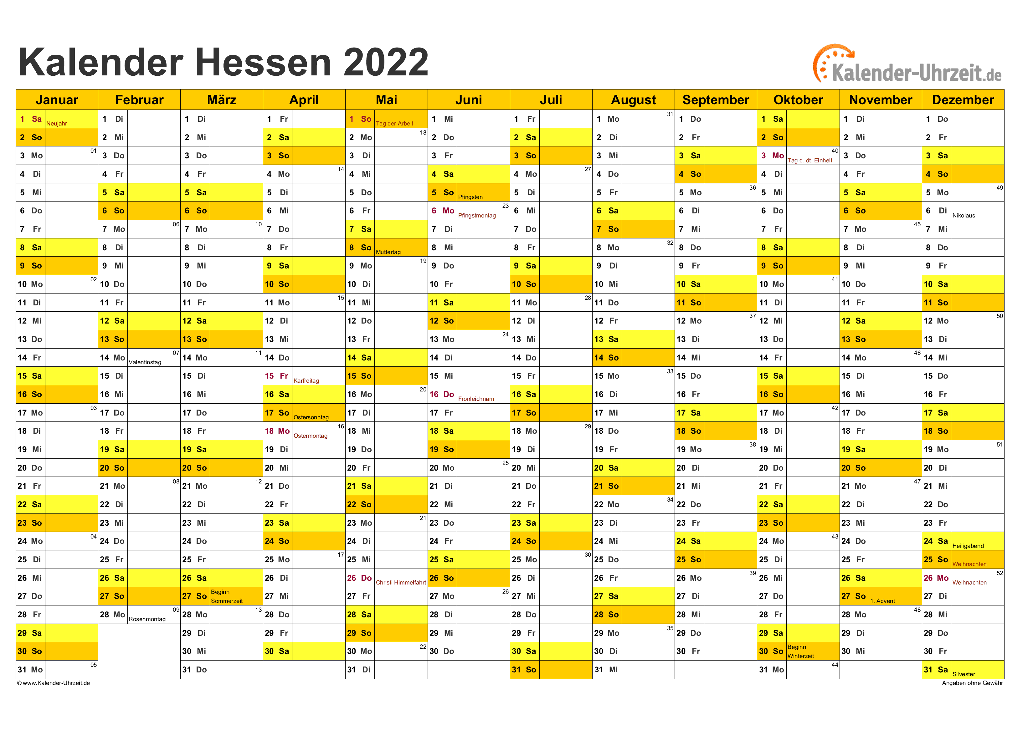 Hessen Kalender 2022 mit Feiertagen - quer-einseitig