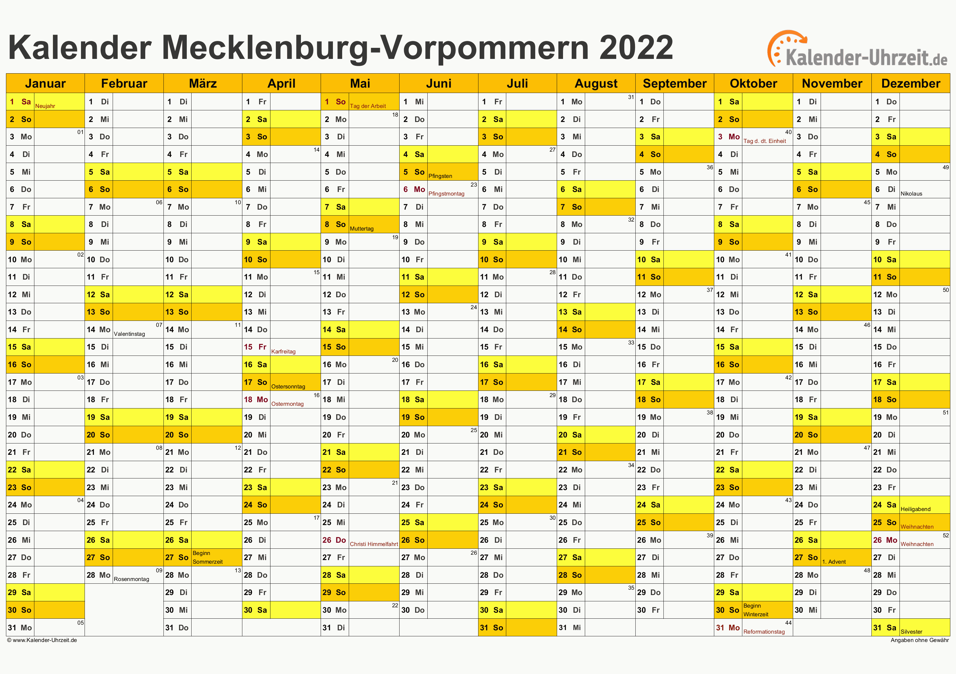 Meck.-Pomm. Kalender 2022 - A4 quer-einseitig Meck.-Pomm. Kalender 2022 mit Feiertagen - quer-einseitig