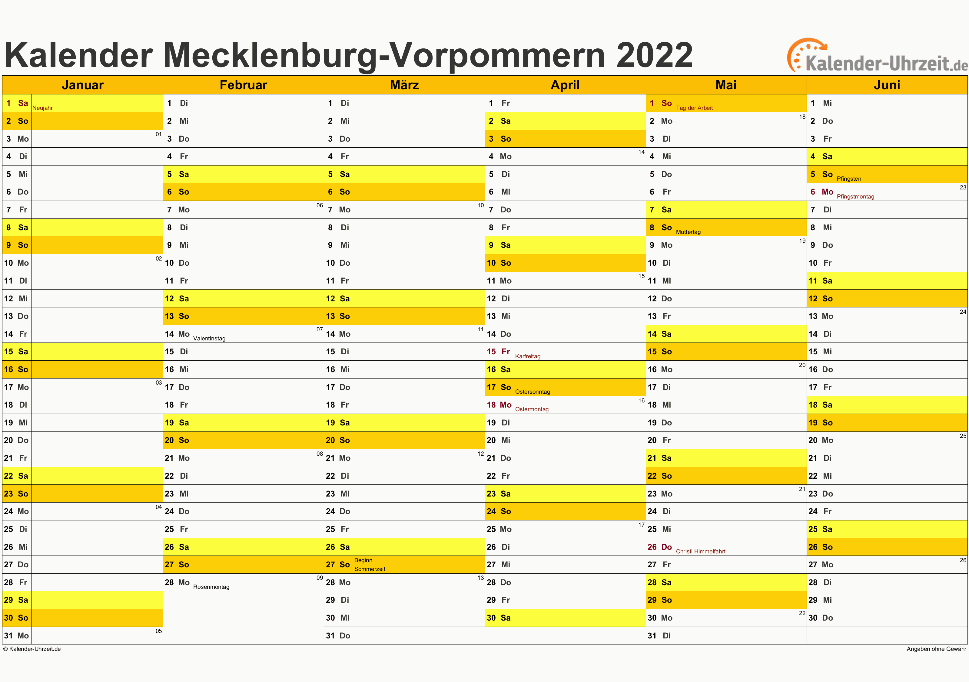 Feiertage 2022 Meck.-Pomm. + Kalender