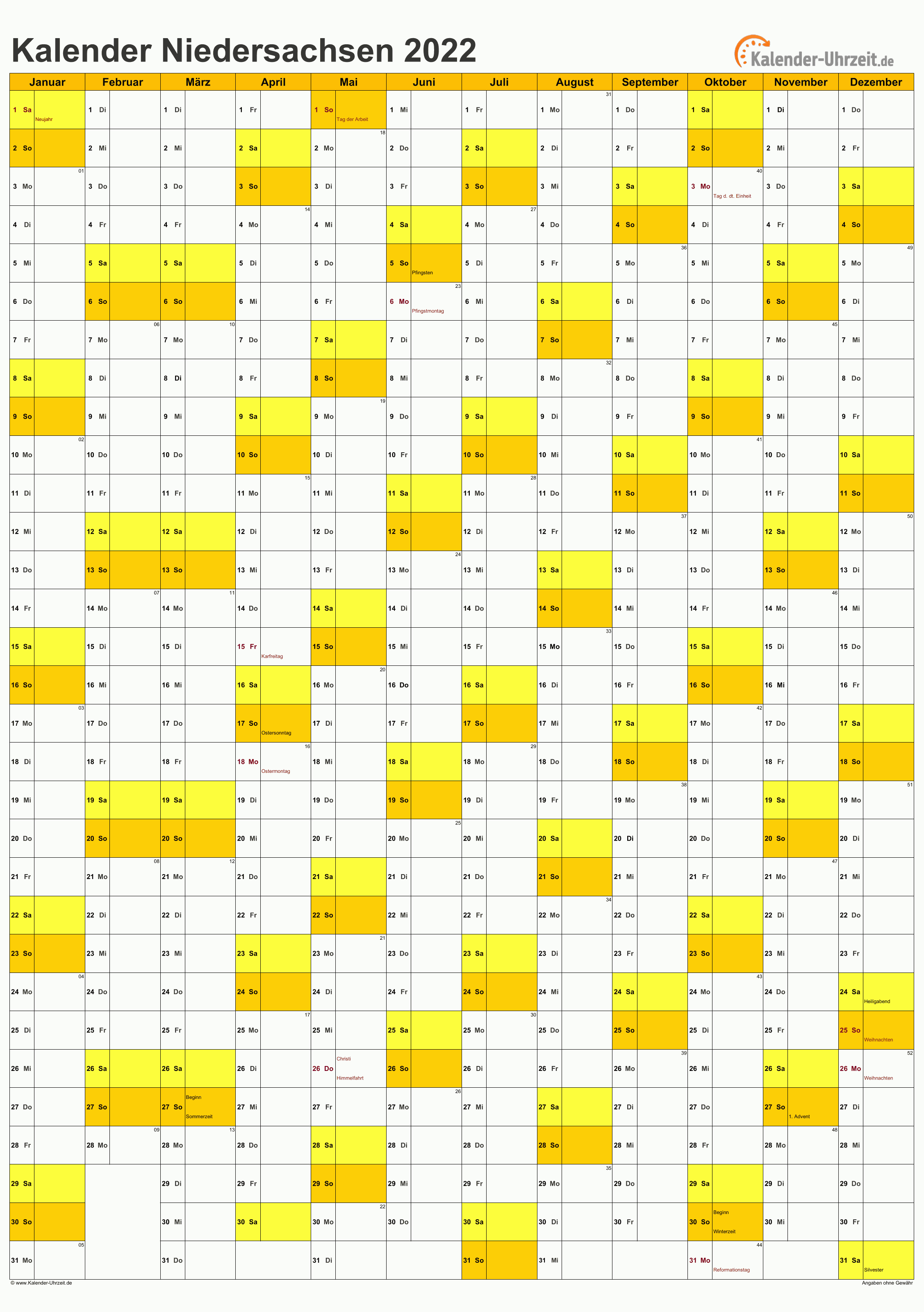 Niedersachsen Kalender 2022 - A4 hoch-einseitig Niedersachsen Kalender 2022 mit Feiertagen - hoch-einseitig